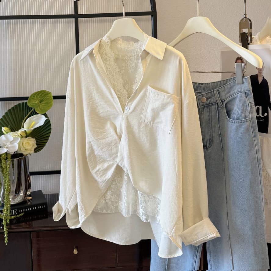 レース 服 レイヤード風レース透かしシャツ