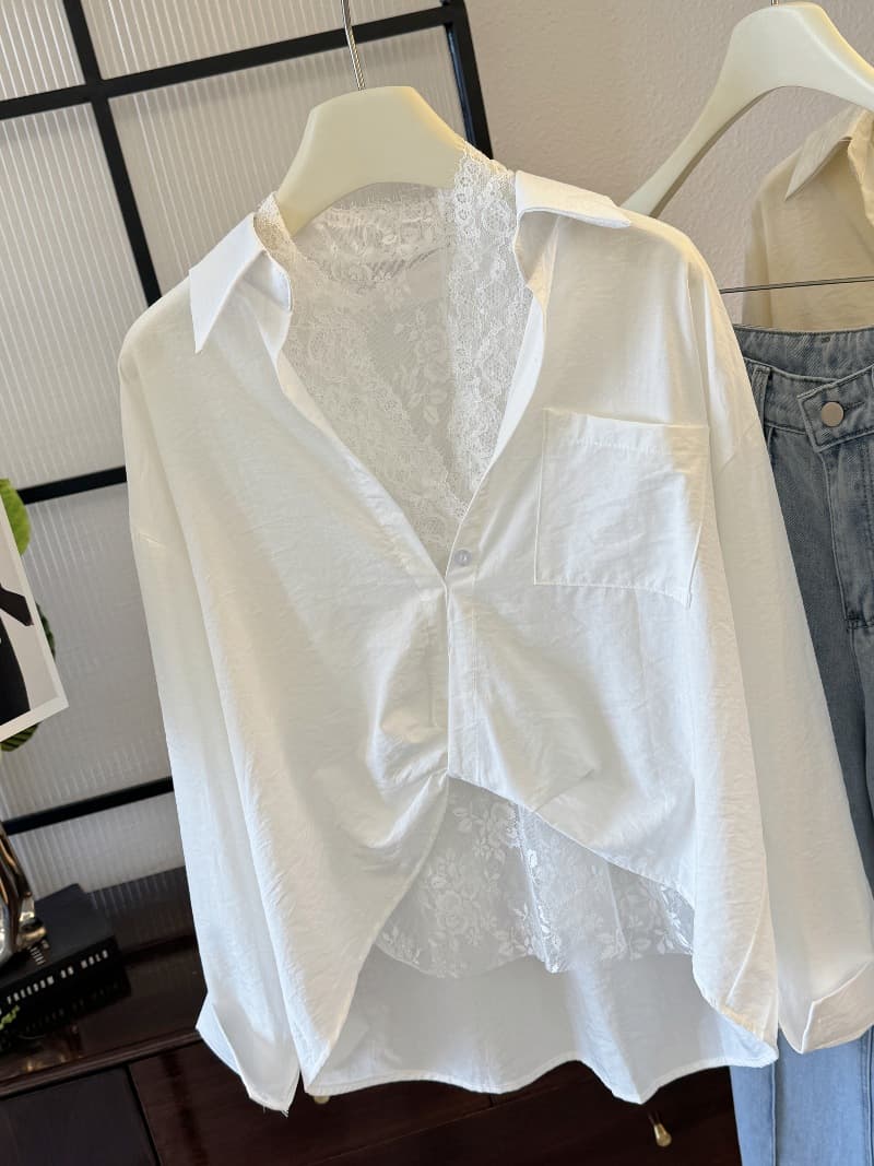 レース 服 レイヤード風レース透かしシャツ