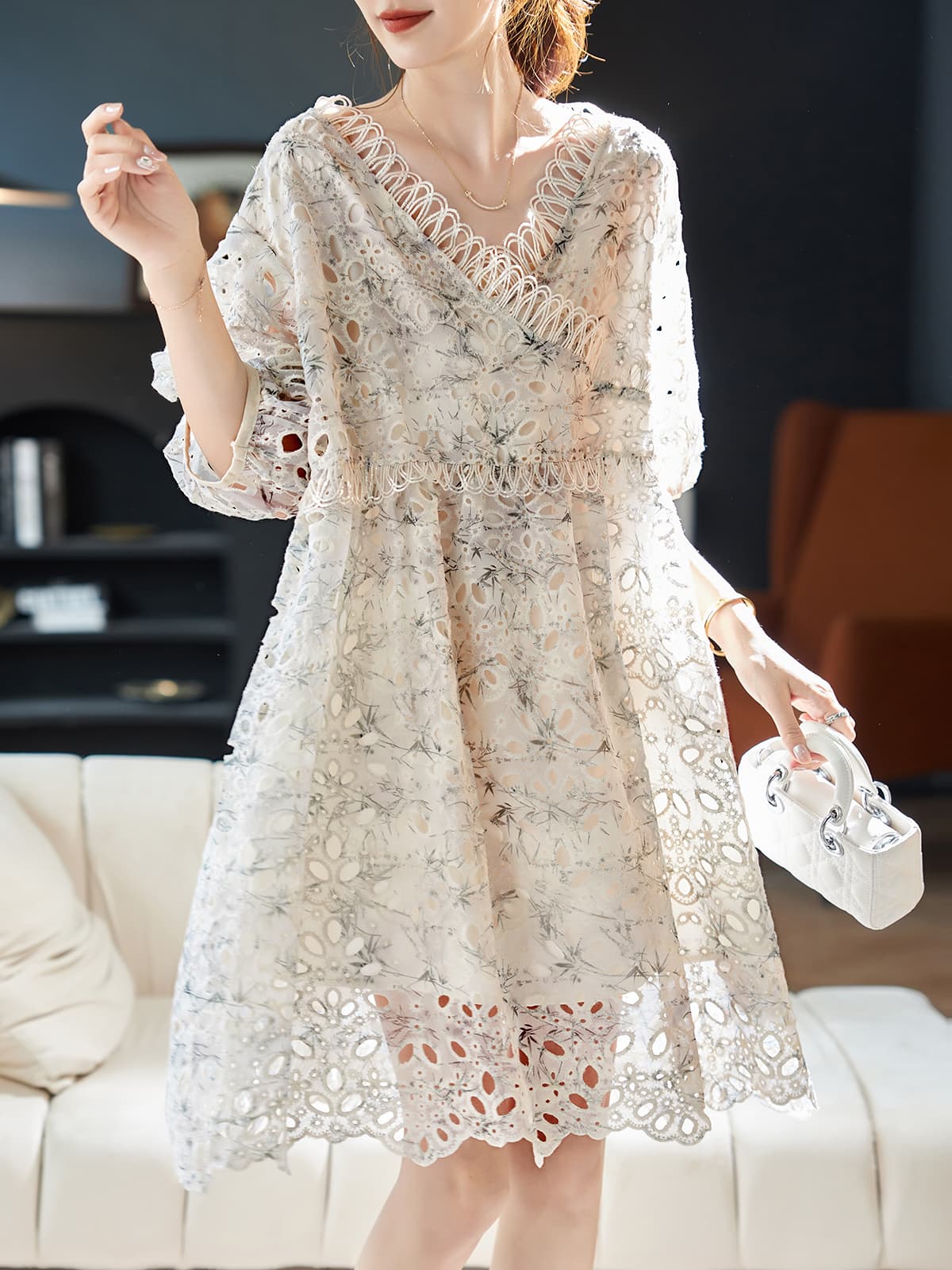 レース 服 花柄透かしレース七分袖ワンピース