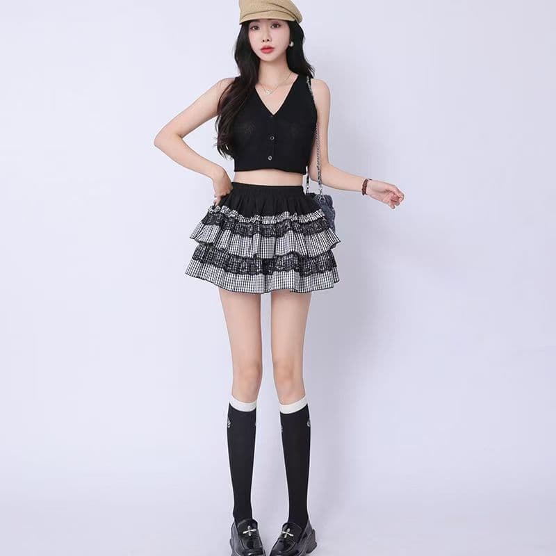 レース 服 ティアードフリル重ね ギンガムスカート