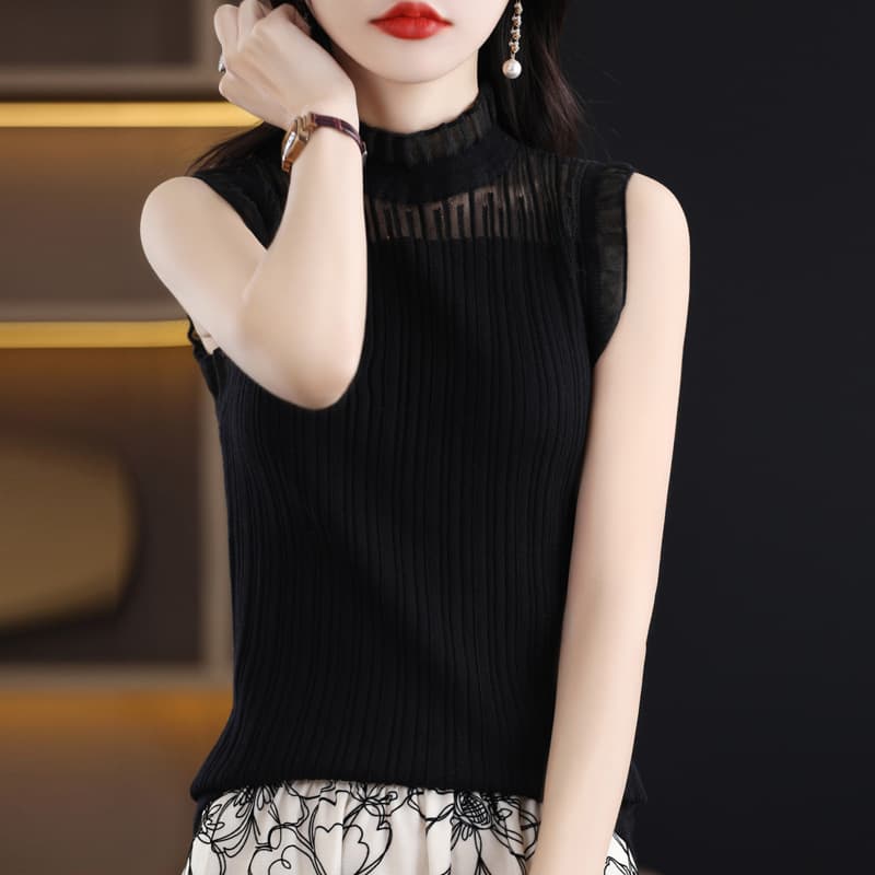 レース 服 プリーツデザイン ハイネック ノースリーブブラウス