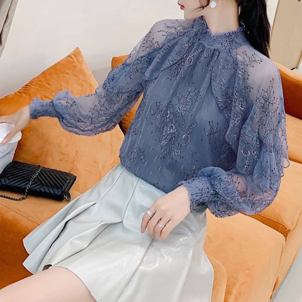レース 服 花柄刺繍レースブラウス長袖シアートップス