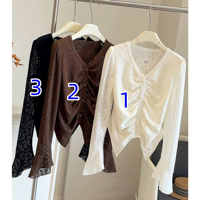 レース 服 トップス 女性用長袖レース花柄シャツ変形デザイン三色展開