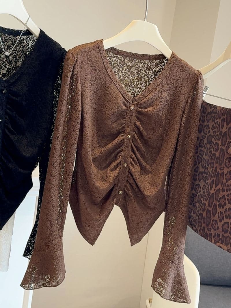 レース 服 トップス 女性用長袖レース花柄シャツ変形デザイン三色展開