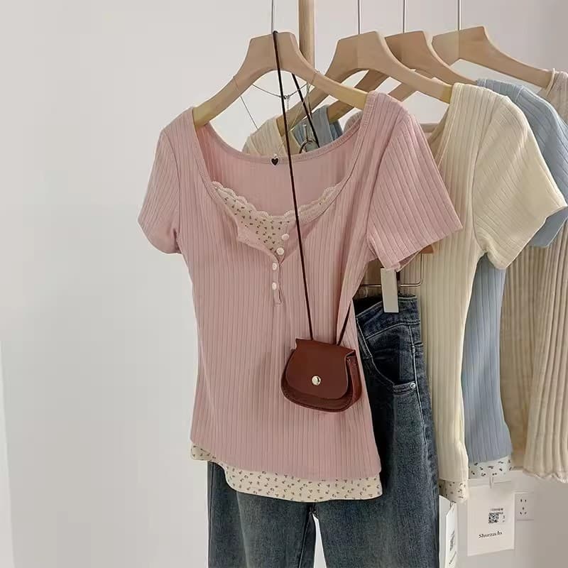 レース 服 レース装飾リブニットカットソー