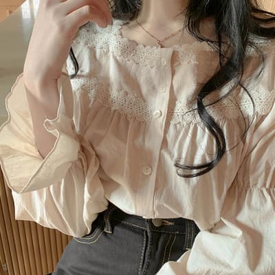 レース 服 トップス レース装飾長袖シャツ レディース服