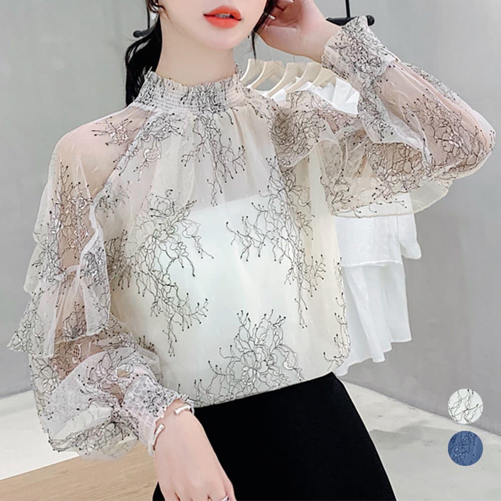 レース 服 花柄刺繍レースブラウス長袖シアートップス