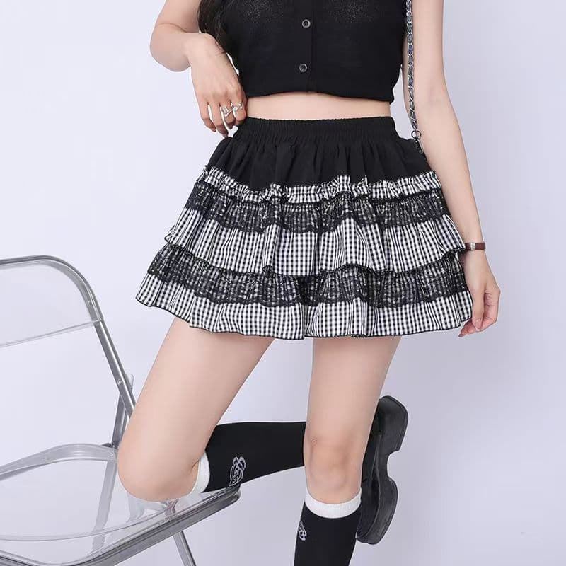 レース 服 ティアードフリル重ね ギンガムスカート