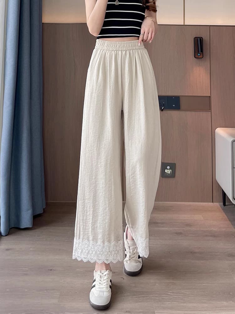 レース 服 裾レース付き楽ちんロングパンツ