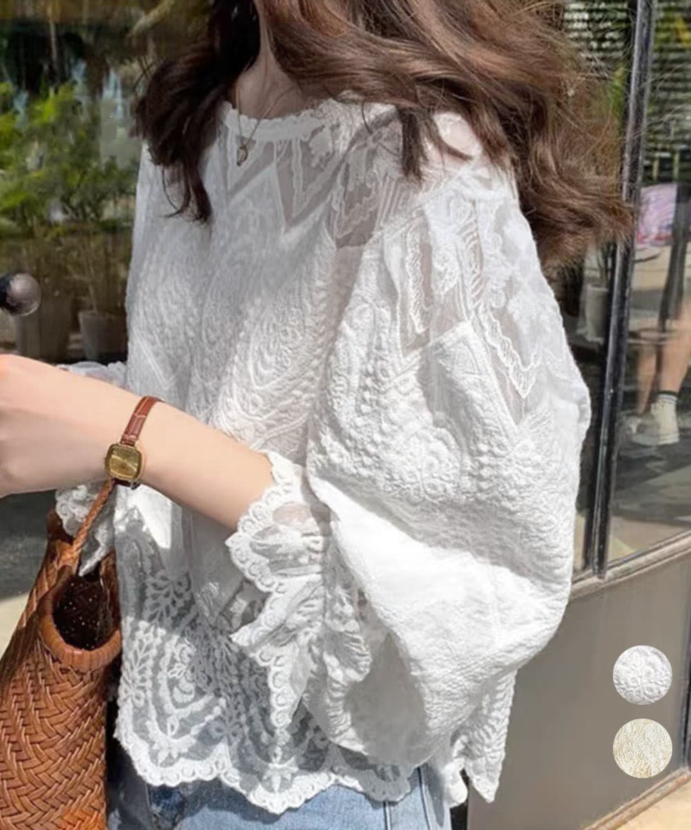 レース 服 レース透かし袖ボリュームブラウス春夏