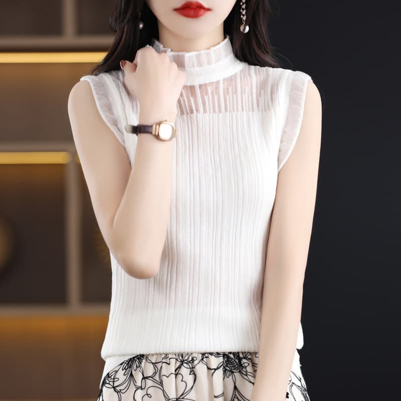 レース 服 プリーツデザイン ハイネック ノースリーブブラウス