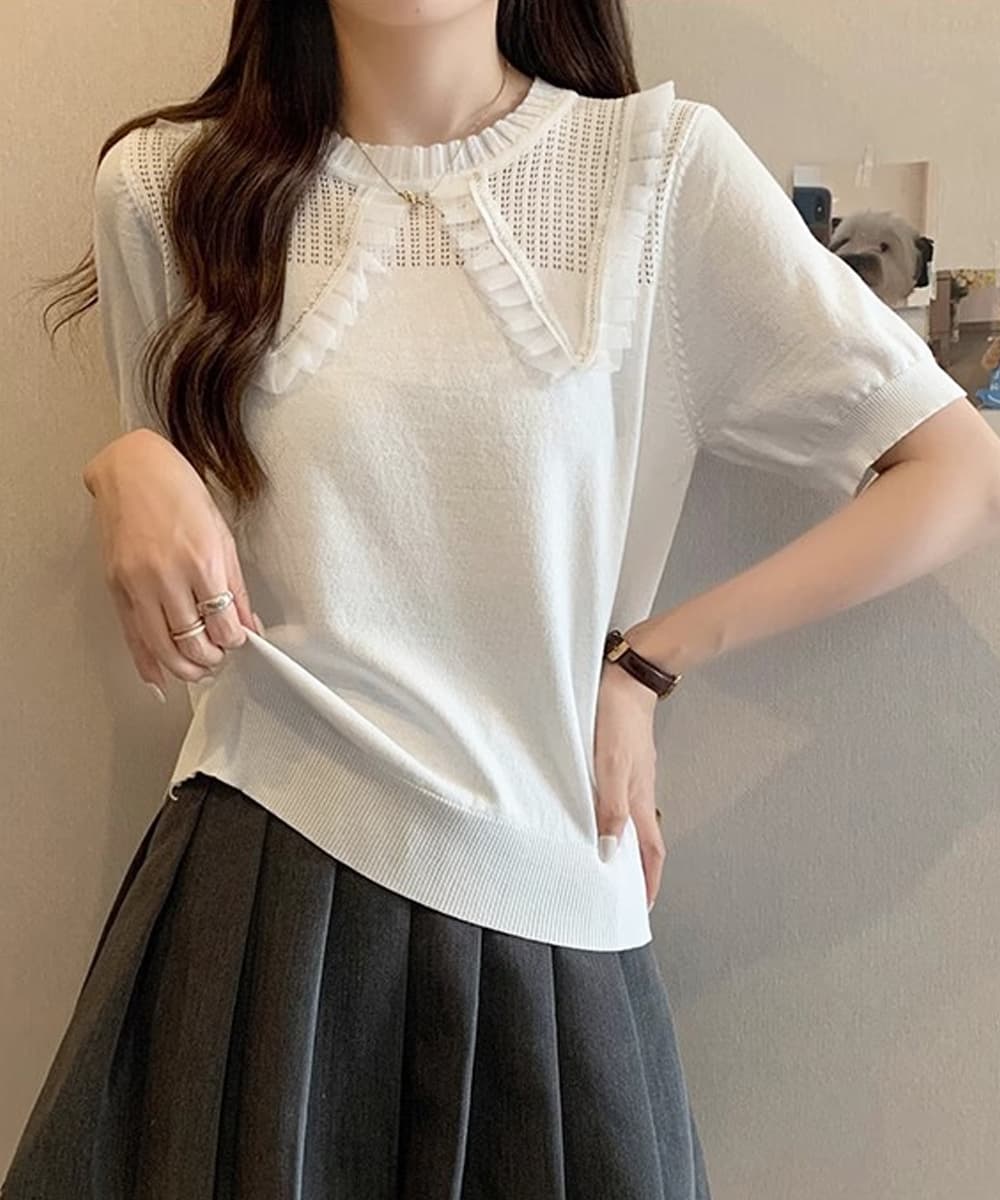 レース 服 レース襟付きニットトップス きれいめ 大人可愛い 韓国風