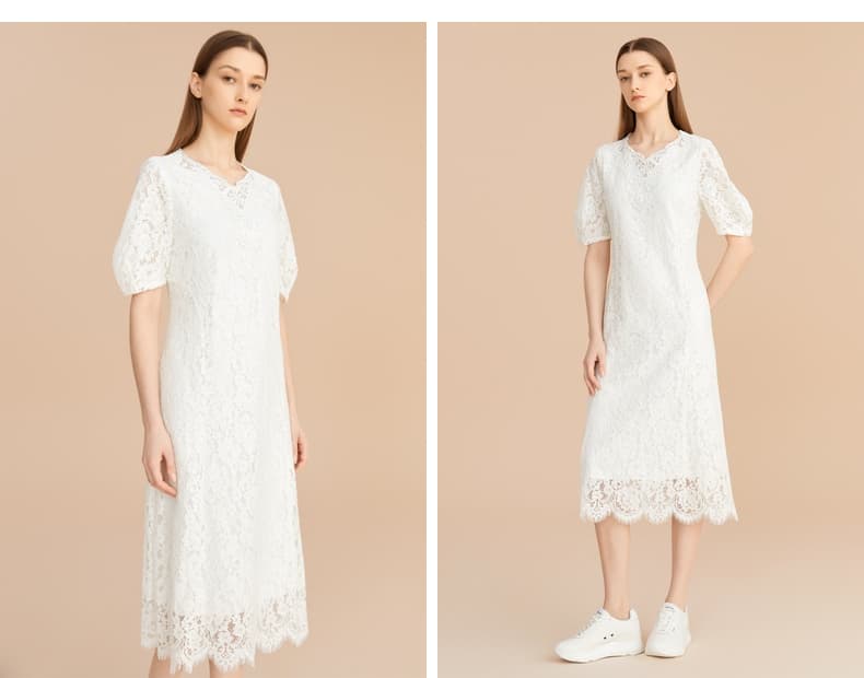 レース 服 花柄レース袖ふんわりミディ丈ワンピース