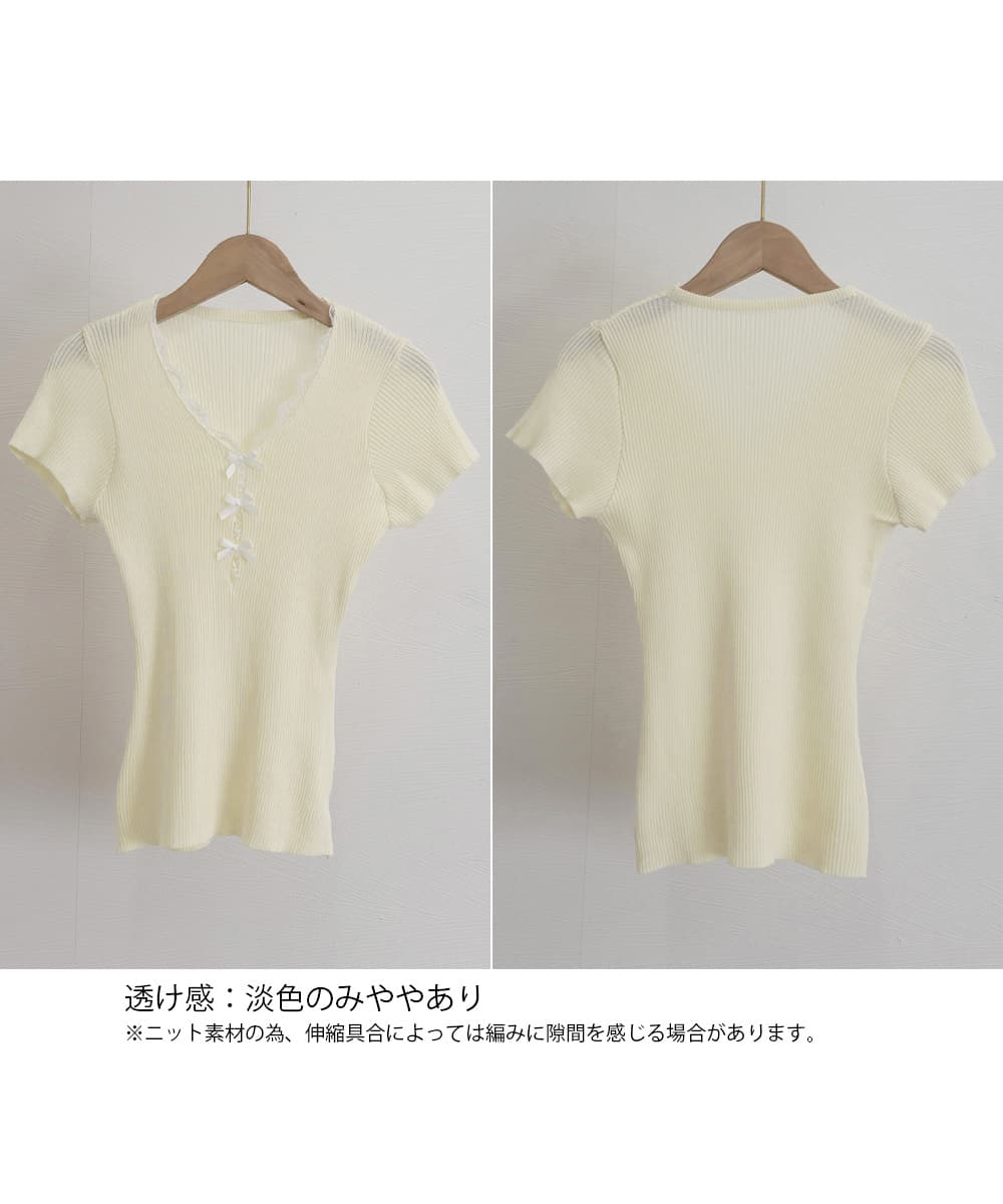 レース 服 レースアップリブニット 半袖トップス 夏服