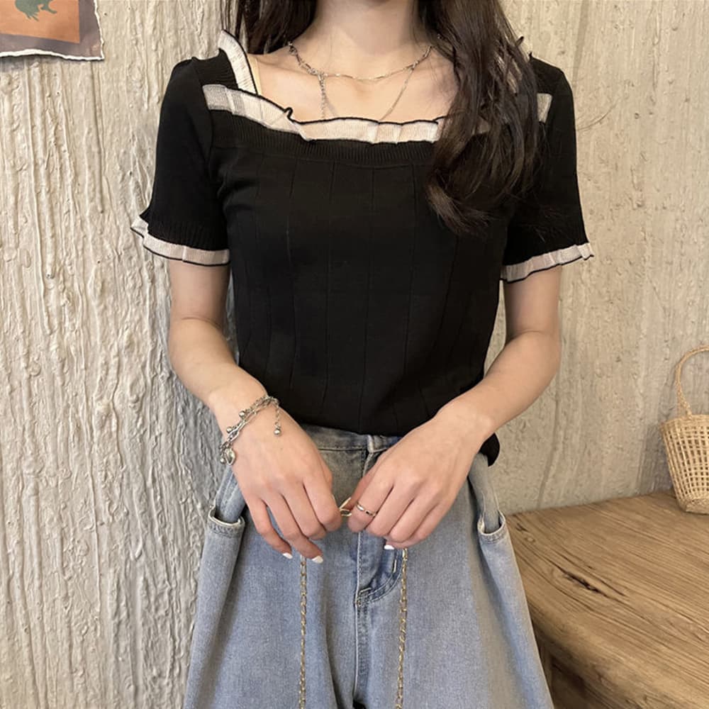 レース 服 フリル袖スクエアネック レース付きサマーニット
