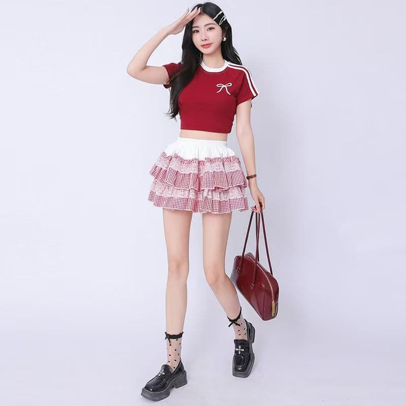 レース 服 ティアードフリル重ね ギンガムスカート