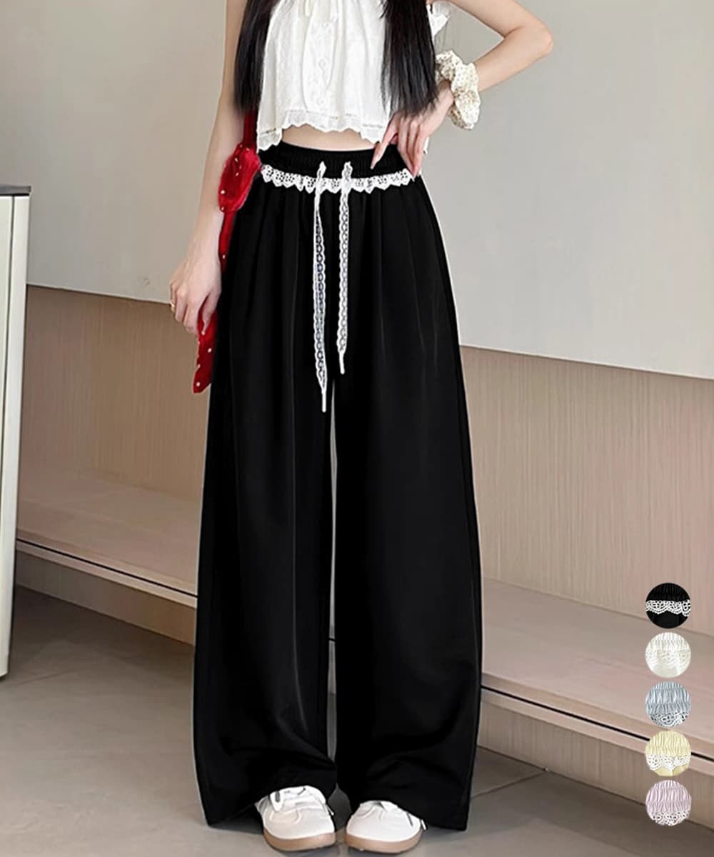 レース 服 レース装飾ワイドパンツ 夏用ゆったりボトムス