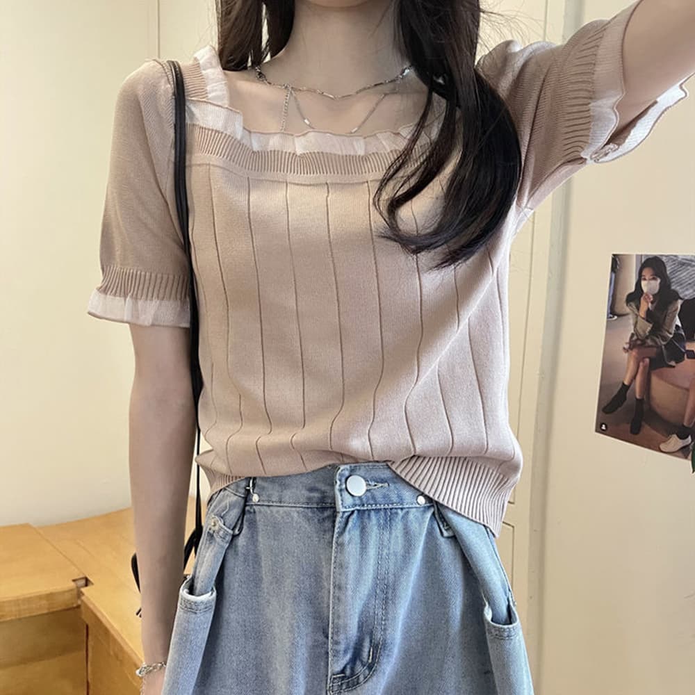 レース 服 フリル袖スクエアネック レース付きサマーニット