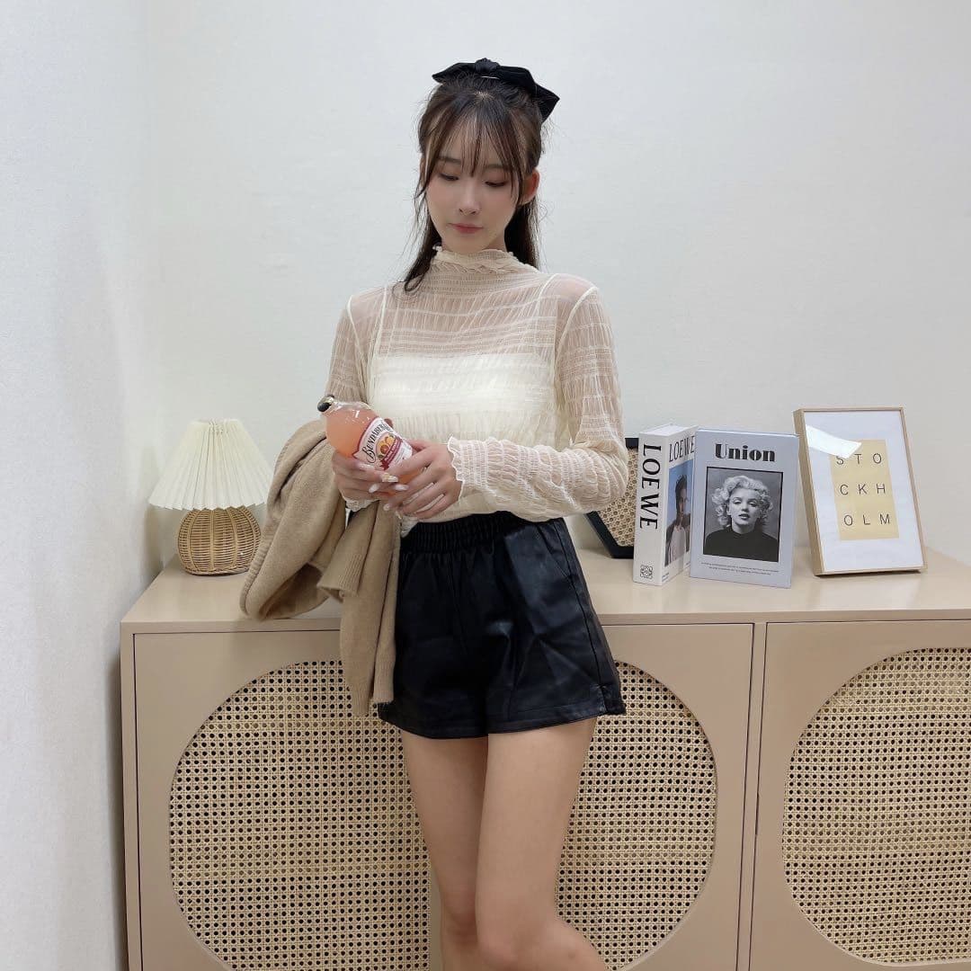 レース 服 シアーメッシュ フリルネックトップス