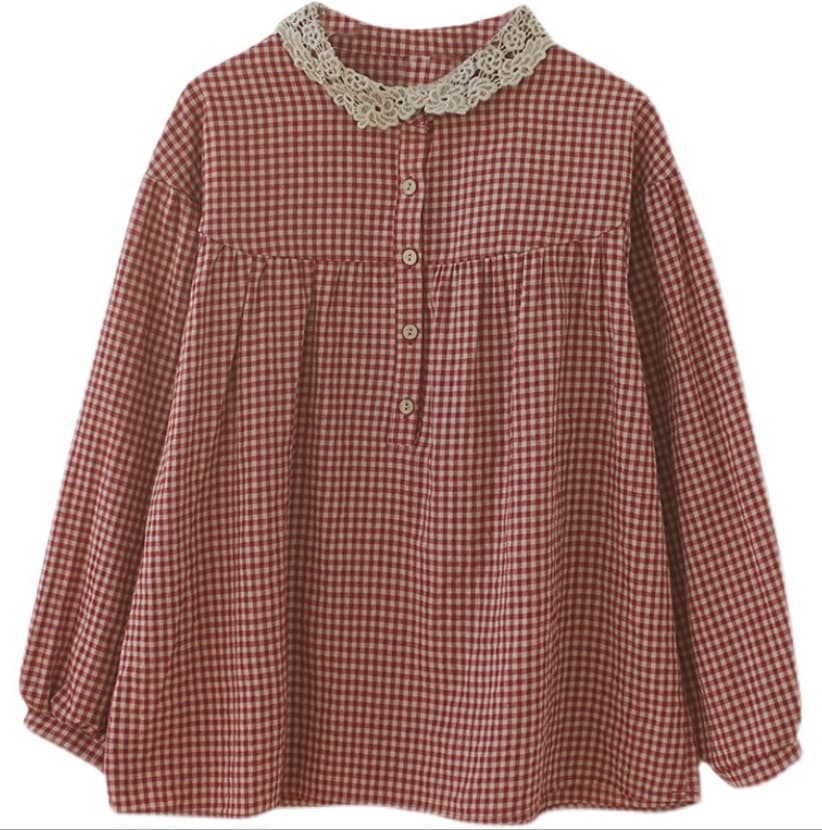 レース 服 大人可愛いレース襟ギンガムチェックブラウス