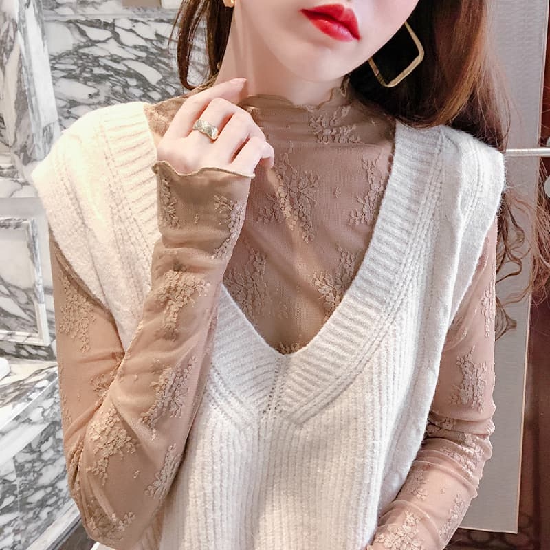レース 服 華やか花柄レース ハイネックインナー
