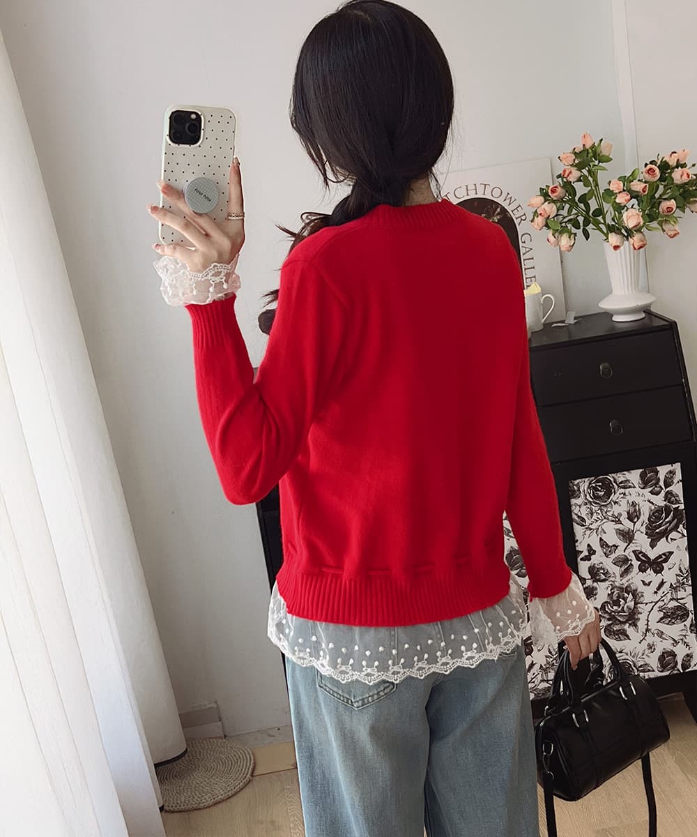 レース 服 レース切替ニットカーディガン長袖秋冬