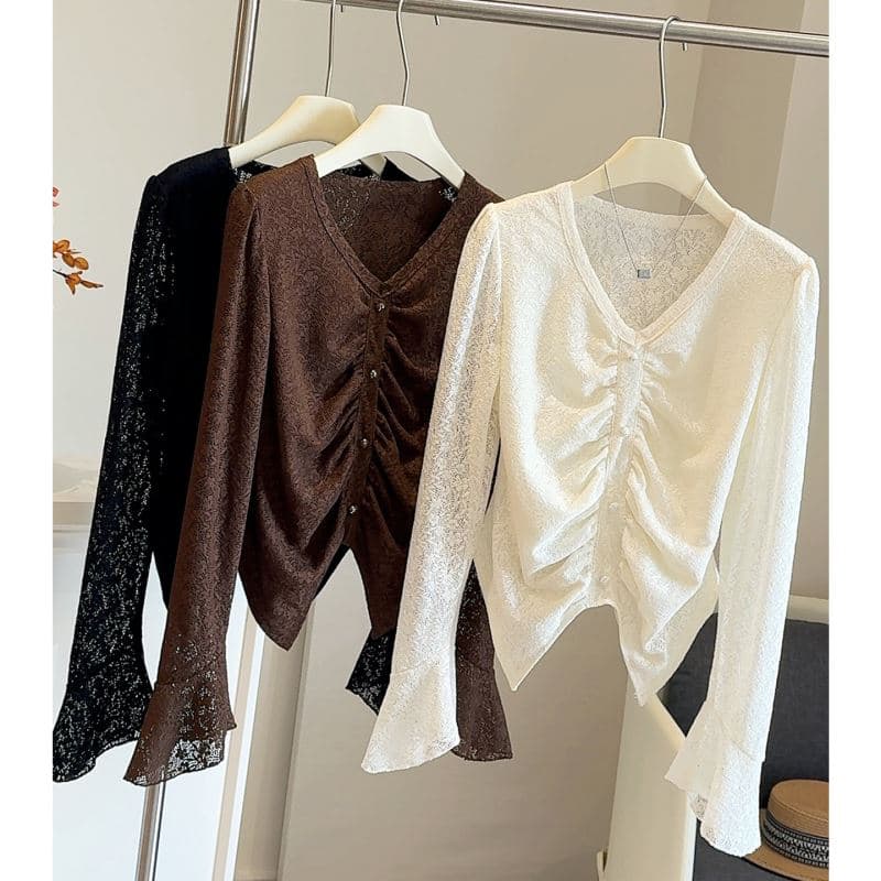 レース 服 トップス 女性用長袖レース花柄シャツ変形デザイン三色展開