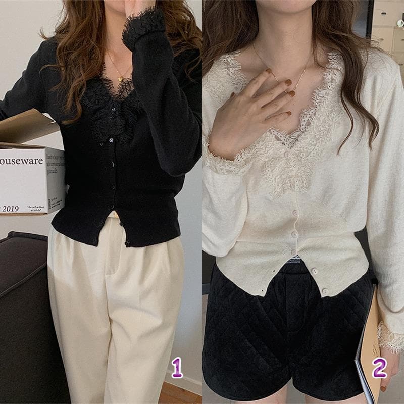 レース 服 レディース長袖レース襟ニットカーディガン トップス2色