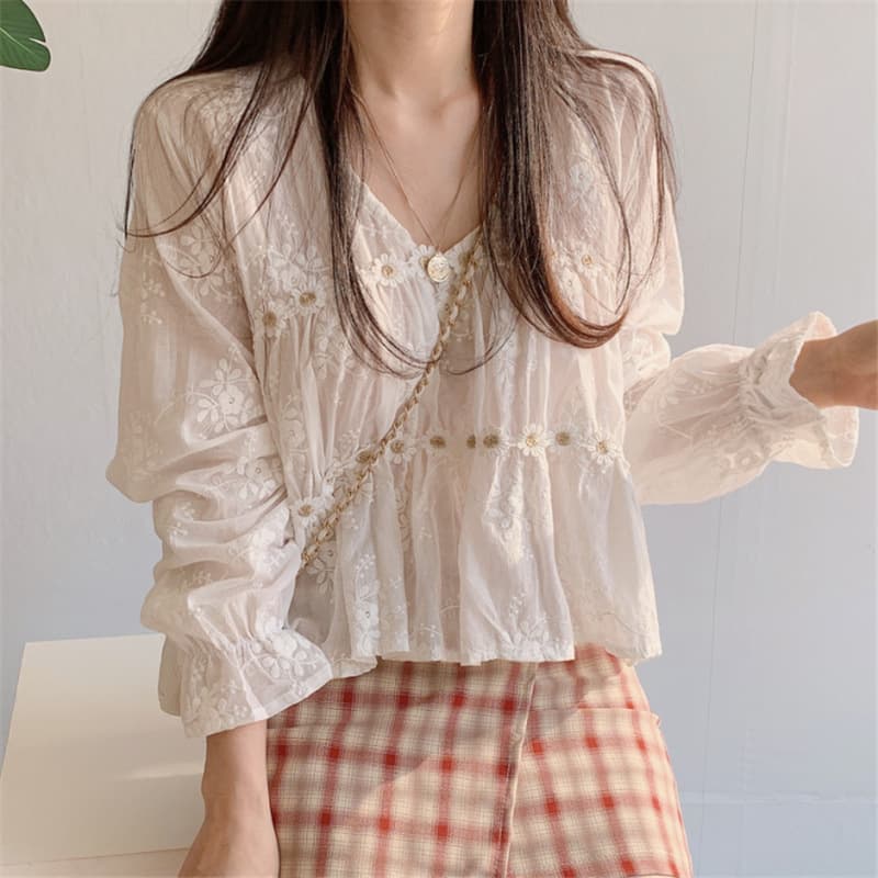 レース 服 花柄刺繍レースブラウス ふんわりフリル袖 長袖