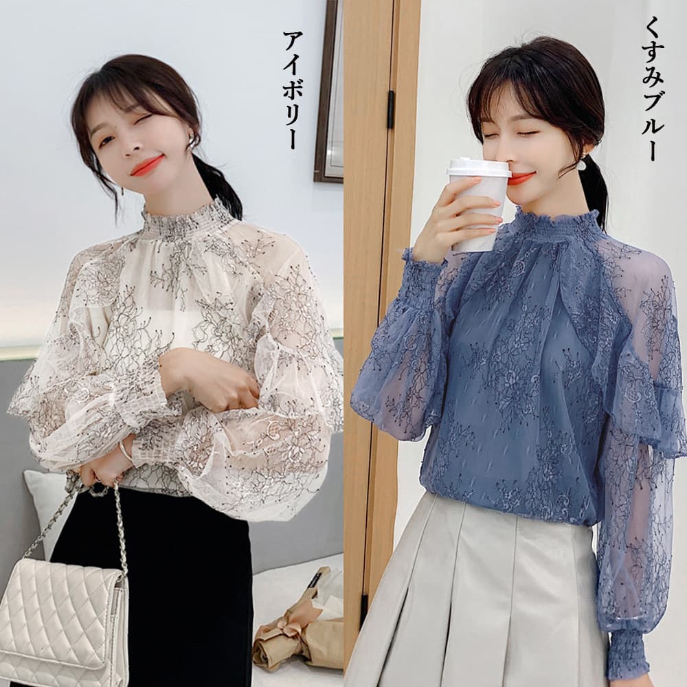 レース 服 花柄刺繍レースブラウス長袖シアートップス