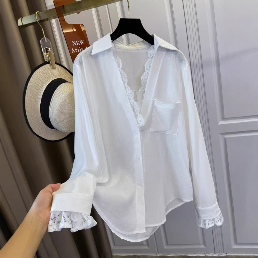 レース 服 レース縁取りフェミニンシャツブラウス