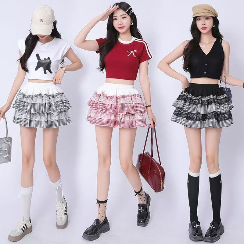 レース 服 ティアードフリル重ね ギンガムスカート