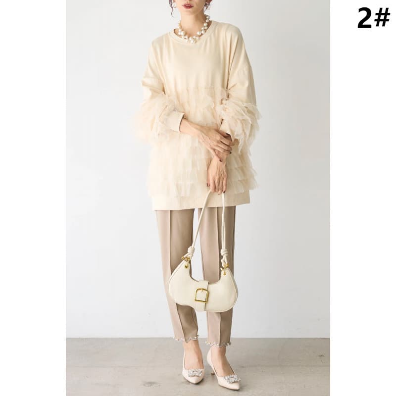 レース 服 春新作 レース重ねフリル袖 体型カバー トップス レディース