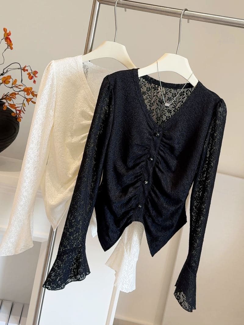 レース 服 トップス 女性用長袖レース花柄シャツ変形デザイン三色展開