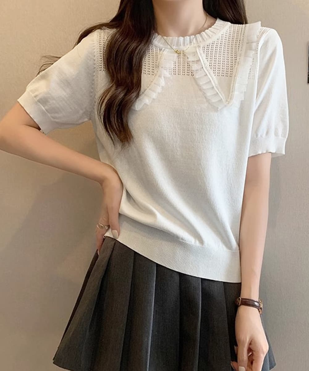 レース 服 レース襟付きニットトップス きれいめ 大人可愛い 韓国風
