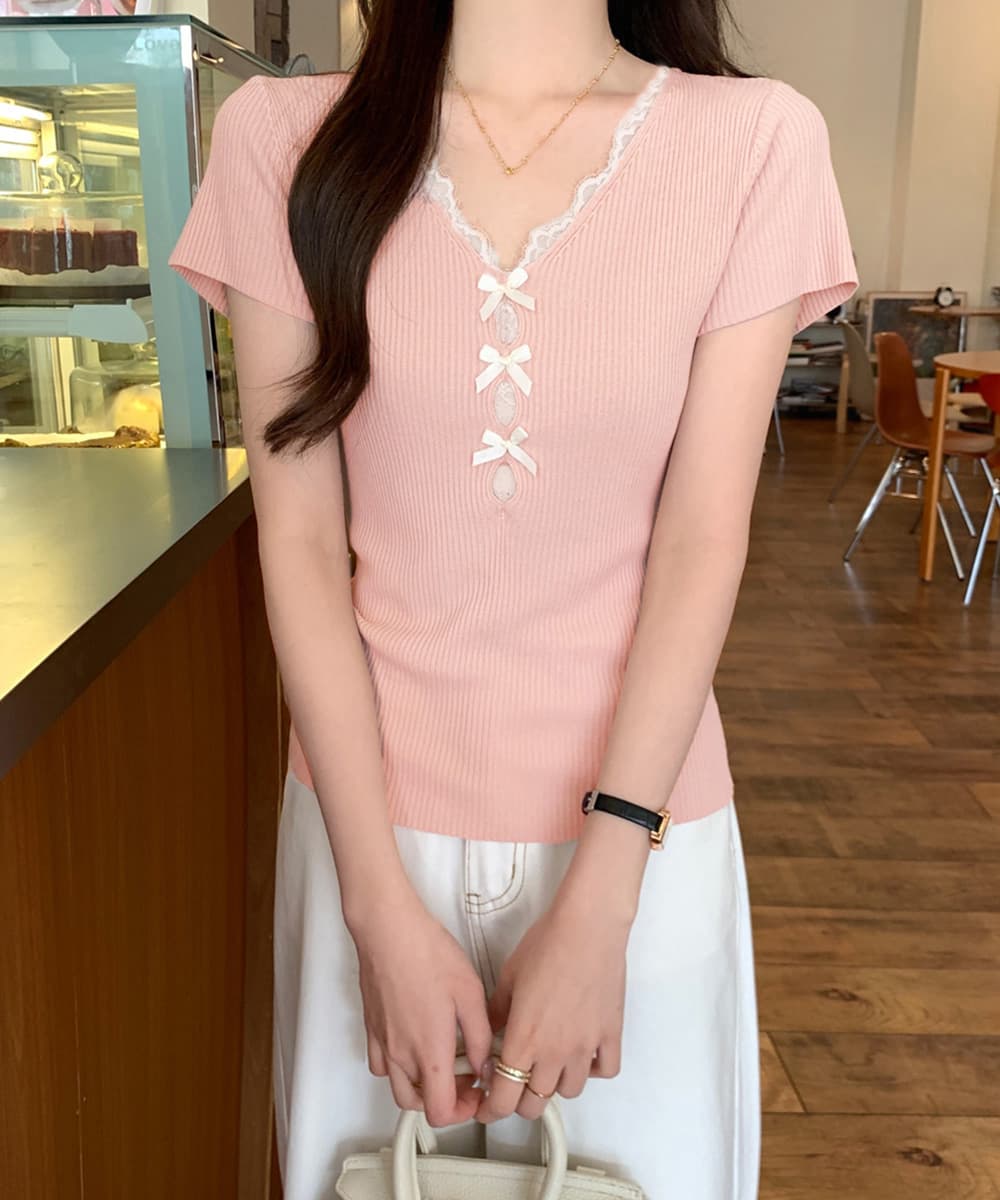 レース 服 レースアップリブニット 半袖トップス 夏服
