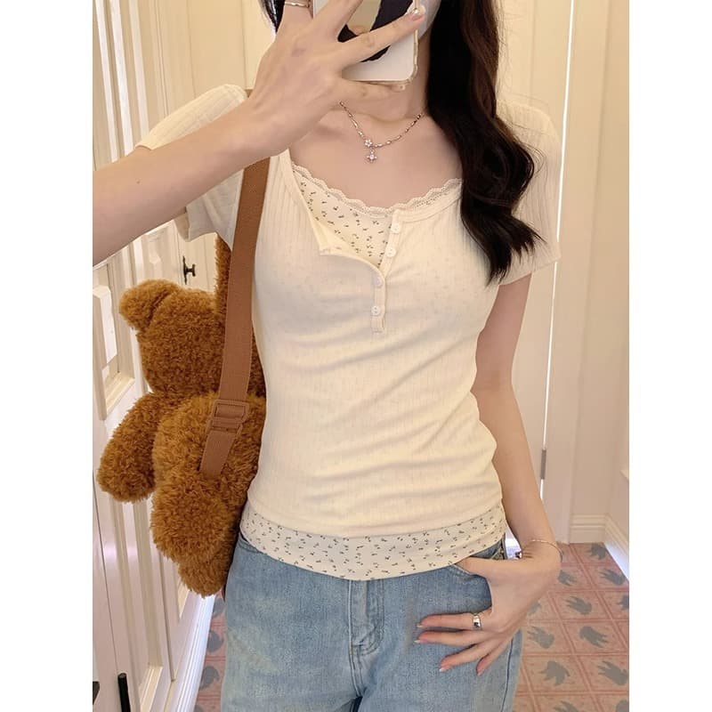 レース 服 レース装飾リブニットカットソー