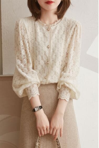 レース 服 花柄レースブラウス パフスリーブ長袖トップス