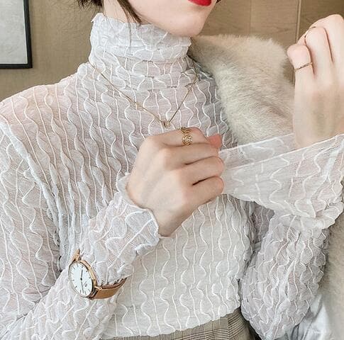 レース 服 エレガント レース ハイネック 長袖 トップス