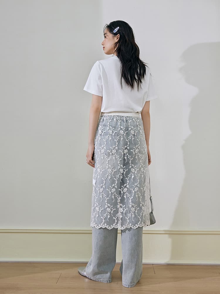 レース 服 花柄刺繍レースのスカートレイヤード