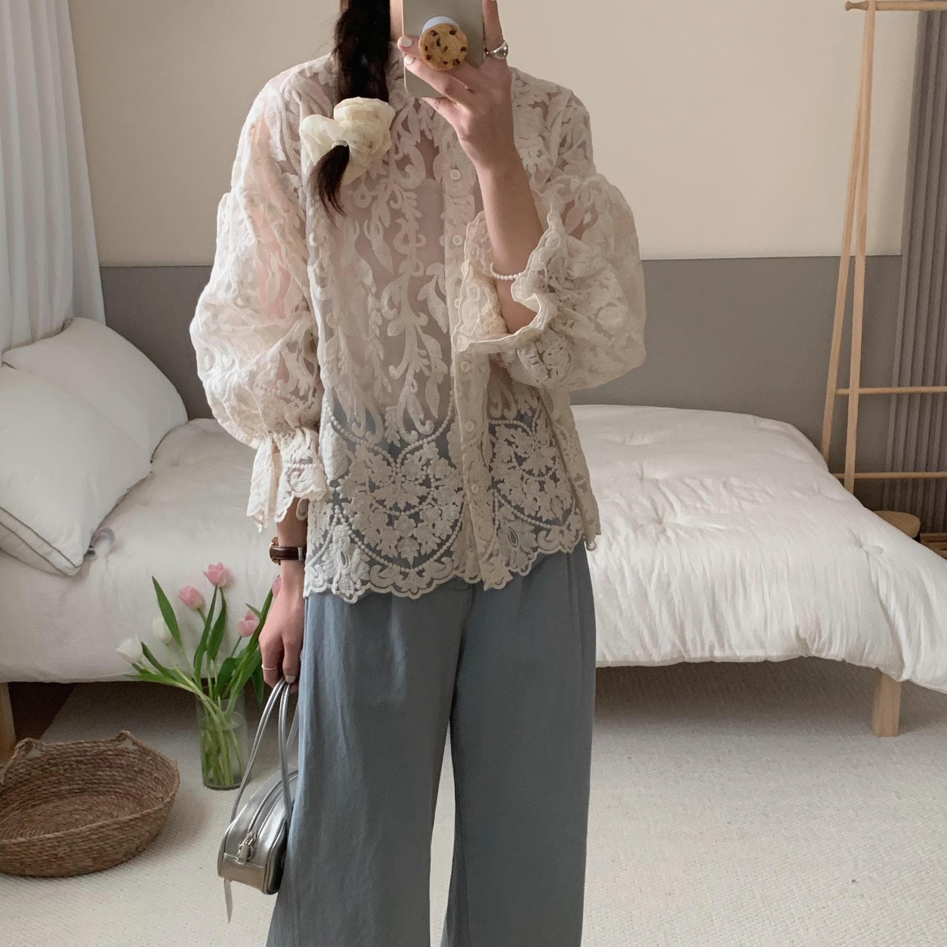 レース 服 トップス 優雅な花柄レースシャツ 女性用長袖トップス