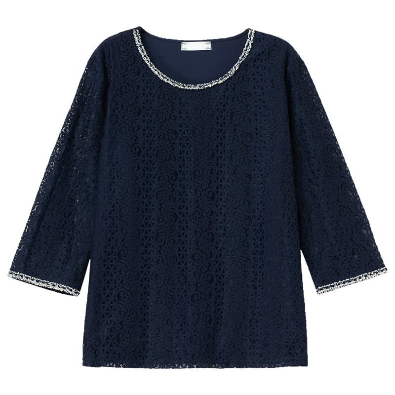 レース 服 装飾襟付き七分袖総レーストップス