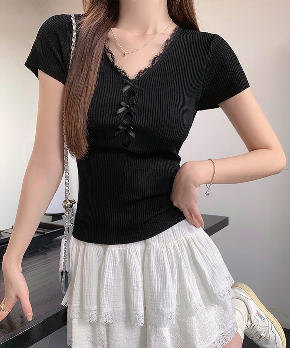 レース 服 レースアップリブニット 半袖トップス 夏服