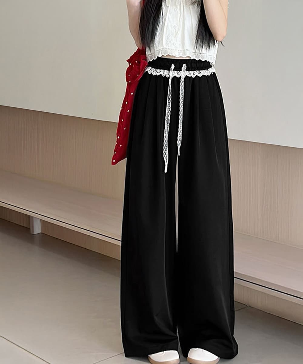 レース 服 レース装飾ワイドパンツ 夏用ゆったりボトムス