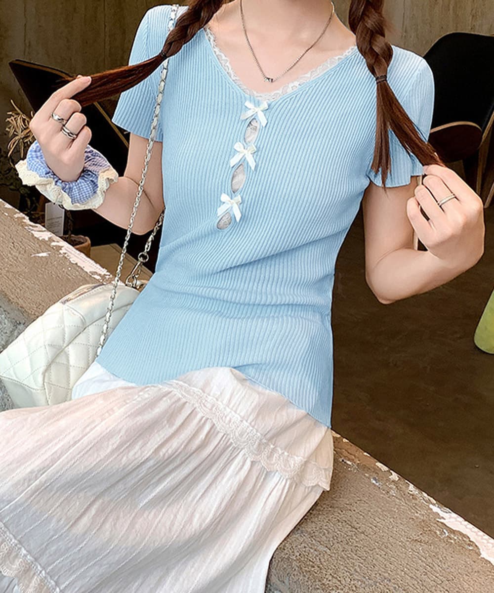レース 服 レースアップリブニット 半袖トップス 夏服