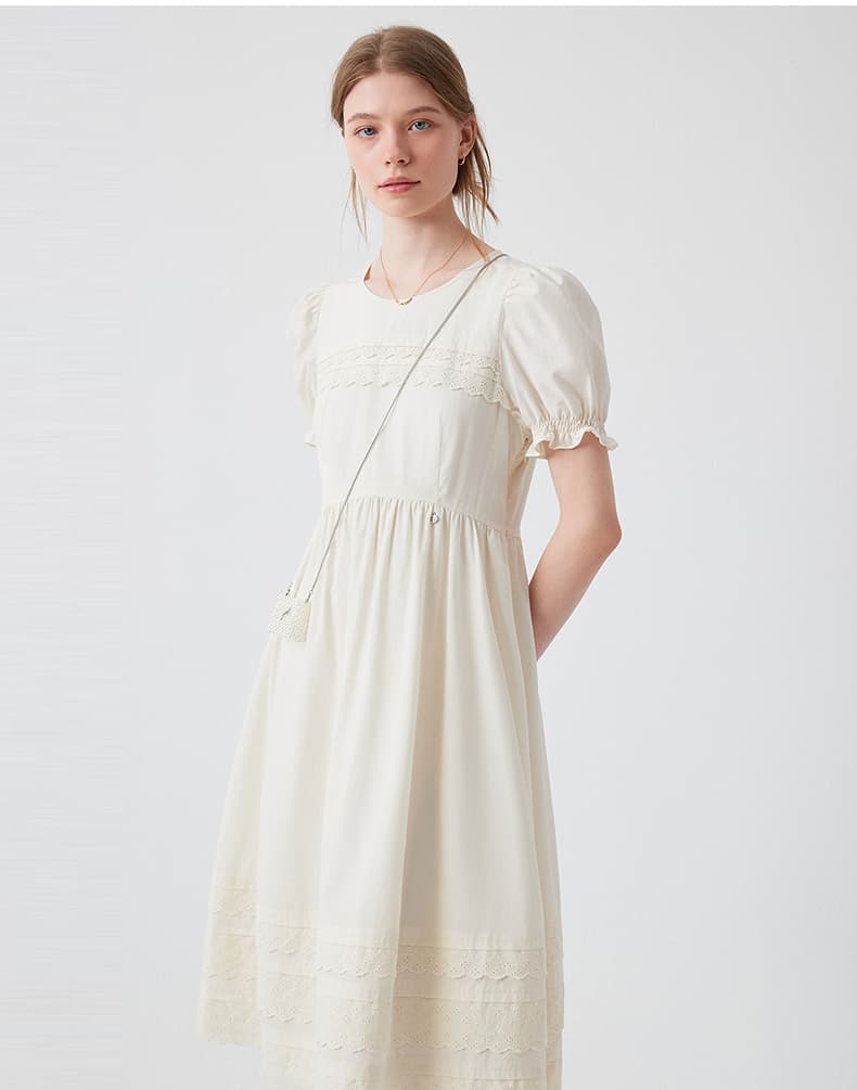 レース 服 優美なレース装飾パフスリーブワンピース