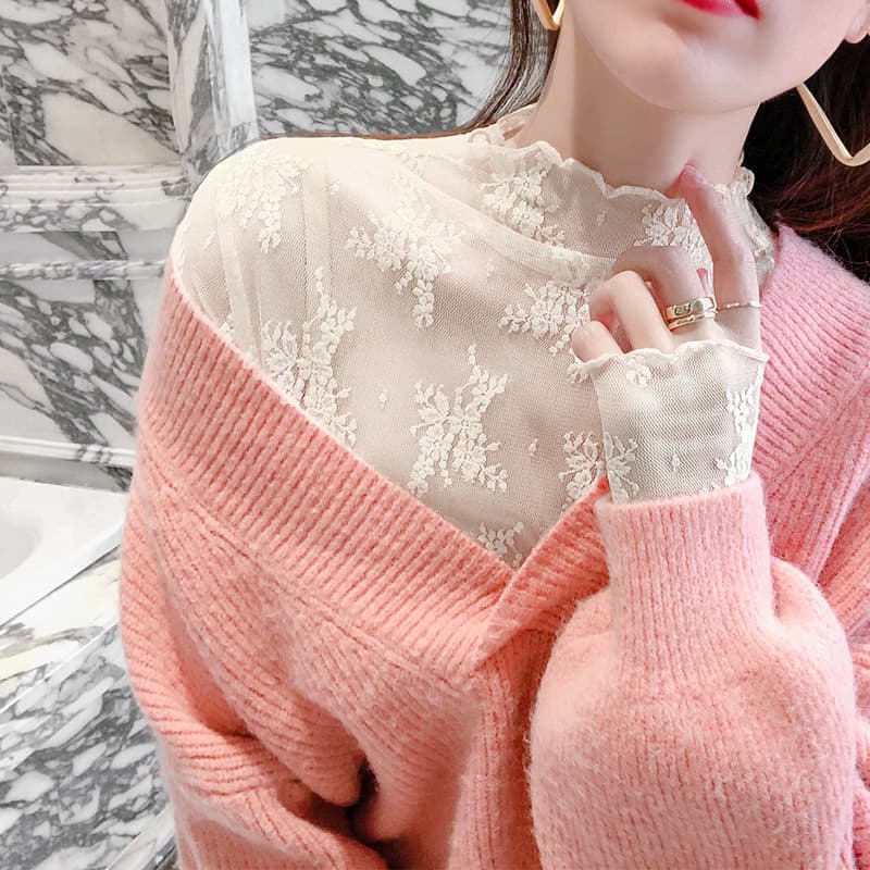 レース 服 華やか花柄レース ハイネックインナー