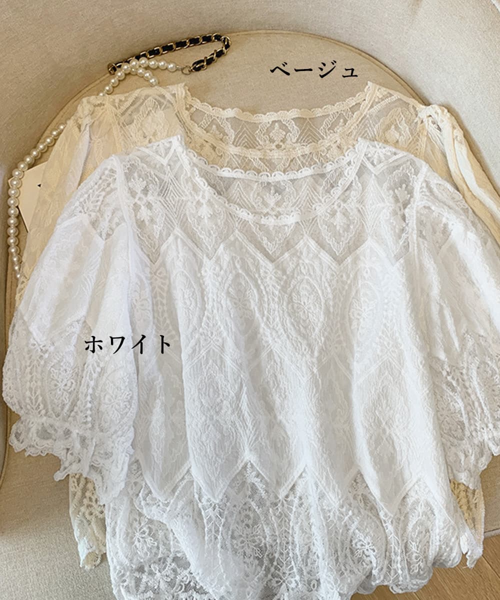 レース 服 レース透かし袖ボリュームブラウス春夏