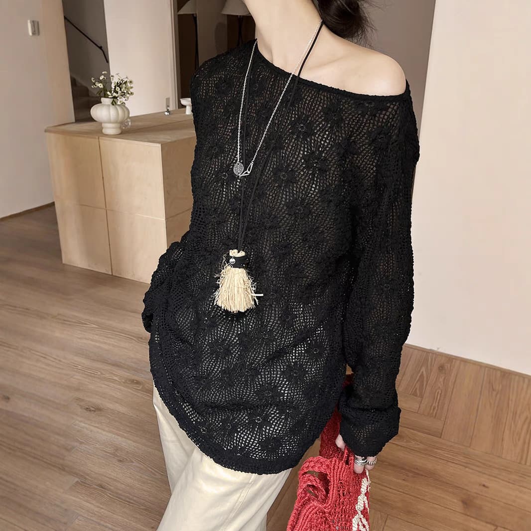 レース 服 透かし編みレースオフショルダーセーター