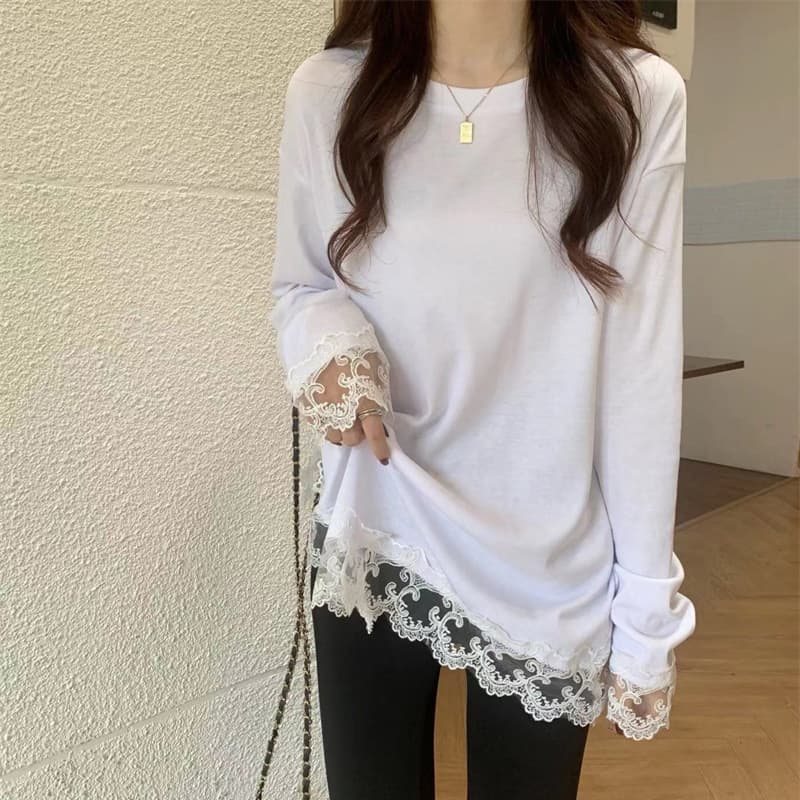レースファッション 花レース裾デザイン ゆるシルエットトップス